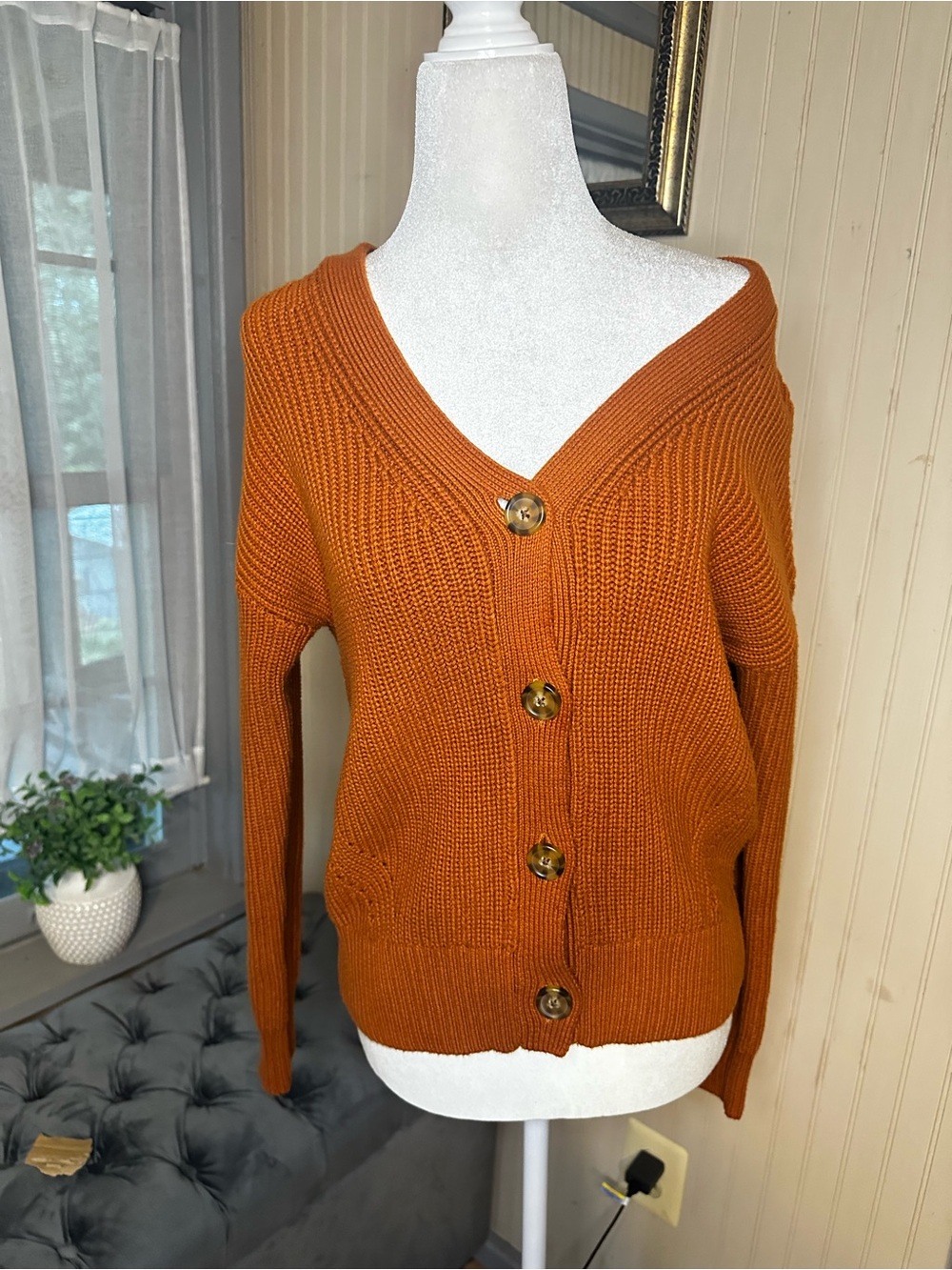 Duluth Trading Co Women’s XS Cotton Cardigan Sweater Burnt Orange Chunky Knit